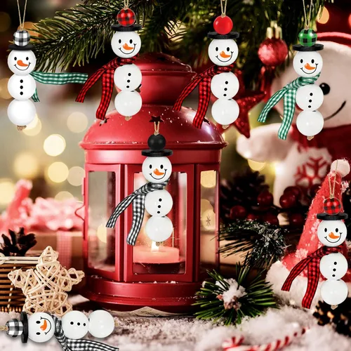 Vista 7 de 205 piezas de cuentas de madera para muñeco de nieve de Navidad para proyectos de manualidades, cuentas de madera natural pulida con cordón, adornos