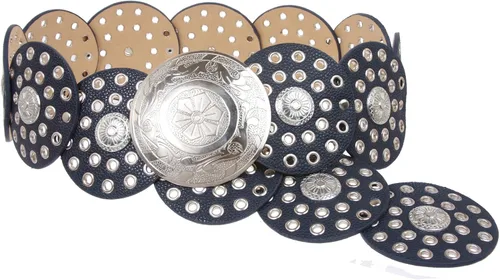 Vista 2 de beltiscool Cinturón de eslabones de piel tipo concho con disco bohemio de 3 1/2 (3.543 in) para mujer Marrón oscuro