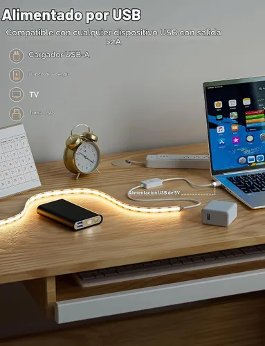 Vista 4 de MIWISE Tira de luces LED USB 5V, tira de luz LED COB súper brillante de 2700K blanco cálido con interruptor regulador táctil, cinta de luz regulable