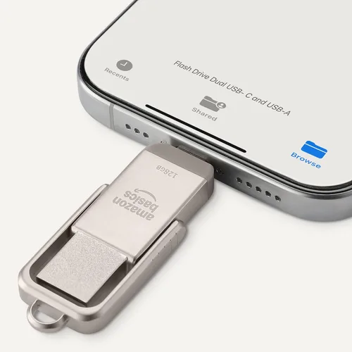 Vista 3 de Amazon Basics Unidad Flash USB, Memoria Stick con Puertos Duales USB C y USB A, 128GB, Plata Champán