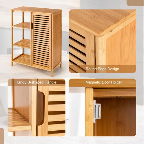 Vista 6 de Tangkula Gabinete de baño de bambú, armario de almacenamiento con puerta de persiana y estantes de 3 niveles, gabinete de baño independiente