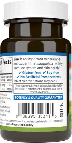 Vista 3 de Carlson - Zinc, 15 mg, Suplemento de zinc, gluconato de zinc, apoyo inmunológico y salud de la piel, tabletas de zinc, antioxidante, cápsulas