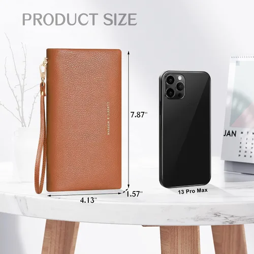 Vista 6 de Cartera para mujer, cartera de mano con soporte para teléfono, tarjetero grande de cuero vegano suave, Casual