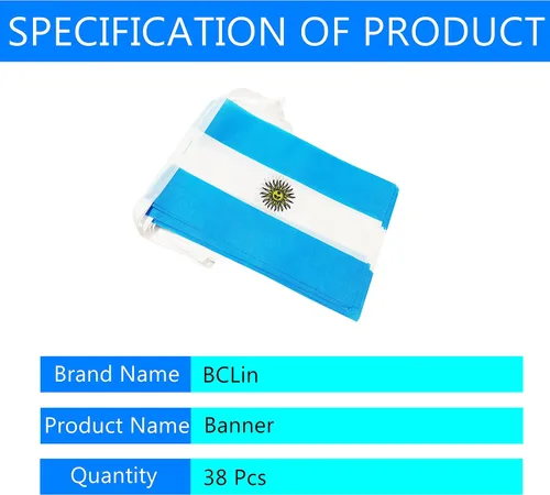 Vista 4 de Bandera argentina de 50 pies con cadena de bandera argentina, mini bandera argentina pequeña, para decoración de fiestas, tiendas y bares