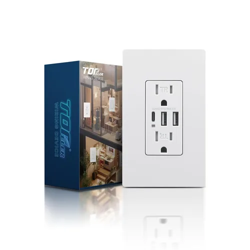 Vista 28 de TOPELER Toma de pared USB C negra, toma eléctrica de carga rápida de 30W 6.0Amp con 3 puertos USB (1*Tipo C y 2*Tipo A), receptáculo resistente a