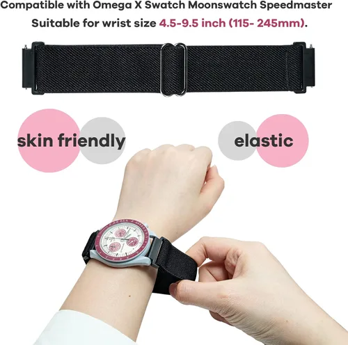 Vista 5 de Correa de nailon elástica de 0.787 pulgadas compatible con Omega X Swatch Moonswatch Speedmaster para mujeres y hombres, correa de reloj elástica