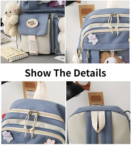 Vista 5 de Mochila de viaje para mujer, 5 unidades, diseño de oso con diseño de dibujos animados, alfileres de alta capacidad, ligero, kawaii, preppy, mochila