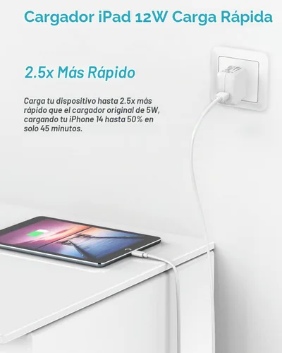 Vista 2 de Cargador de pared y cable para iPad de Apple, 10 pies, 2 juegos, bloque de carga rápida para iPad de 12 W, cable Lightning de 10 pies certificado
