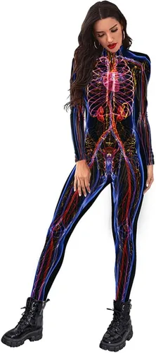 Vista 18 de Sister Amy Disfraz de esqueleto de calavera para mujer de Halloween, traje ajustado de una pieza J-colorido esqueleto