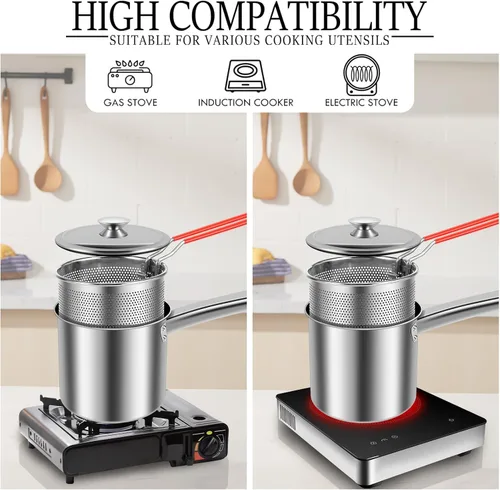 Vista 6 de Olla para freír con cesta coladora, olla de acero inoxidable con tapa y asa, mini freidora de aceite de 1.8 litros, freidora portátil, freidora