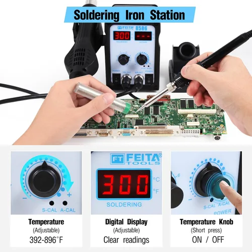 Vista 4 de FEITA 8586 SMD Estación de retrabajo de aire caliente 2 en 1 Soldador digital y pistola de aire térmico con 5 puntas de soldadura, 1 ventosa