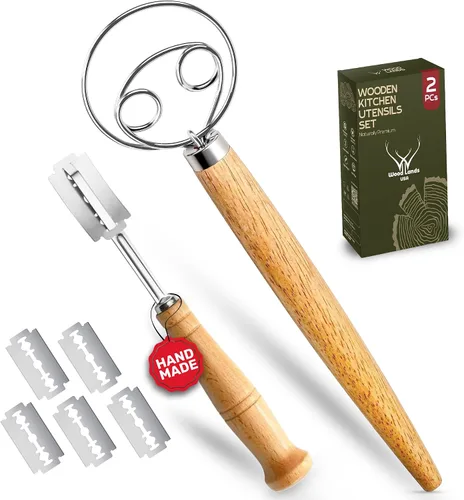 Vista 7 de Gancho de batidor de masa danesa de 13 pulgadas con mango largo de madera - Batidor de masa esencial, batidor de pan y batidor de masa danesa