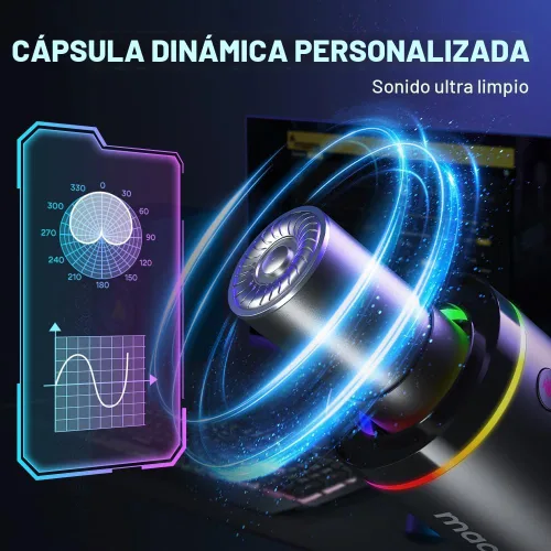 Vista 2 de MAONO XLR/USB - Micrófono dinámico para juegos RGB con software, silencio, perilla de ganancia, control de volumen y conector para auriculares