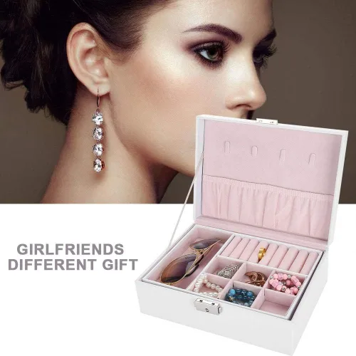 Vista 2 de TMISHION Caja organizadora de joyería, caja de almacenamiento, bandeja extraíble de 2 capas para aretes, pulsera de cuero, organizador de joyas