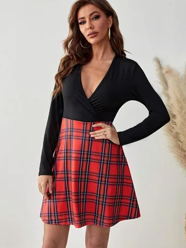 Vista 3 de JECEIKA Vestido acampanado de manga larga con cuello en V para mujer