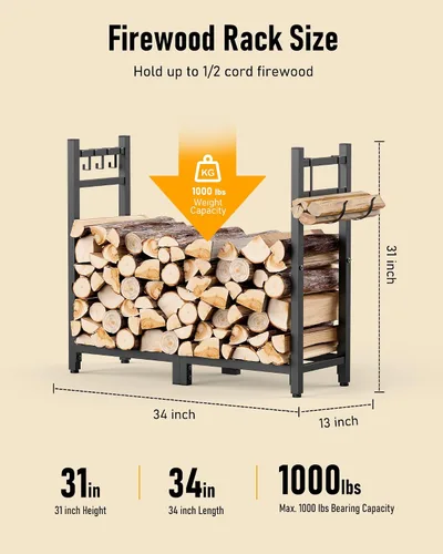 Vista 4 de Brightown Estante de leña para exteriores con portador de troncos, estante de madera interior de 34 pulgadas para leña, soporte de madera de fuego