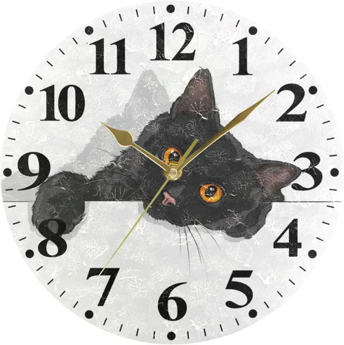Vista 5 de susiyo Reloj de pared redondo a pilas para sala de estar, cocina, escritorio, granja, 9.8 pulgadas (gato negro)