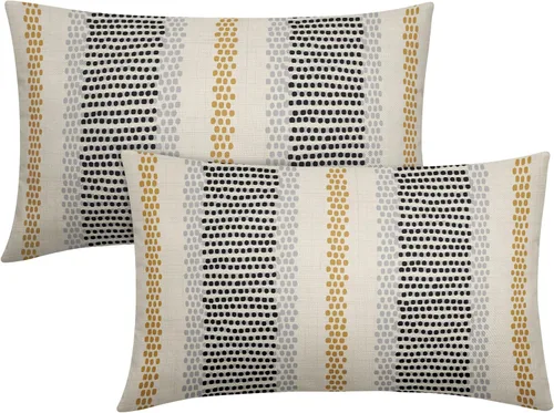Vista 38 de Juego de 2 fundas de almohada negras y azules con rayas de puntos grises, decorativas para exteriores, estilo boho rústico, para sofá, cama, cojín