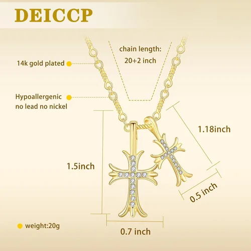 Vista 6 de Collar de cruz de diamante completo chapado en oro de 14 quilates para hombres y mujeres, collar de doble cruz, perfecto para lugares de negocios