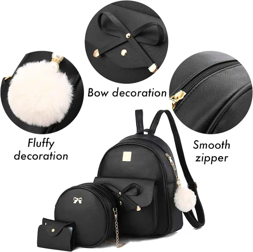 Vista 4 de Mochila de piel para niñas, estilo Bowknot, 3 piezas de mochila, bolso y monedero a la moda, para mujer