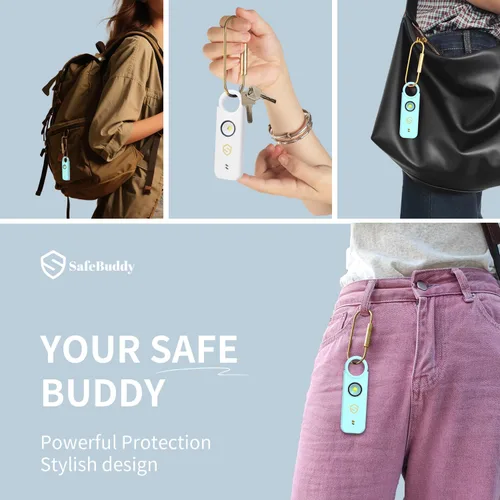 Vista 2 de Alarma personal para mujer, diseñada por mujeres, alarma de altavoces dobles extra fuertes con luz estroboscópica, recargable, alarmas personales