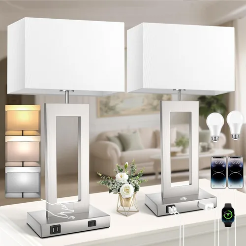 Vista 19 de Kondras Juego de 2 lámparas de mesa para dormitorios, 3 temperaturas de color, control táctil, lámparas de noche con 2 puertos USB y salida de CA