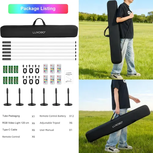 Vista 9 de Paquete de 6 luces de tubo de DJ con funda, luces RGB de 4 pies, 5000 mAh, alimentadas por batería, tubos de luz LED de neón, soporte de 500 efectos