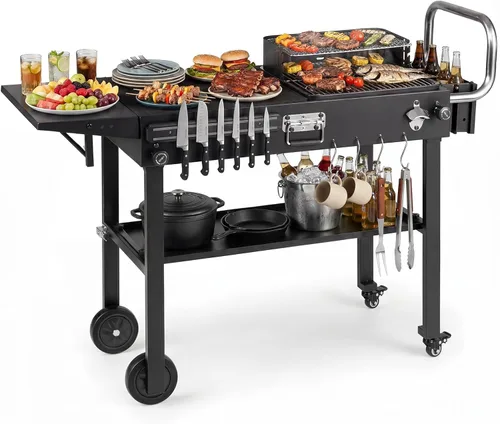 Vista 10 de HAPPYGRILL Carrito de parrilla al aire libre, mesa móvil de preparación de alimentos con parrilla de carbón coreano, panel lateral plegable, 2