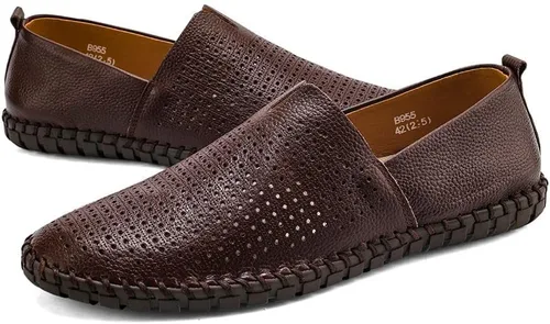 Vista 3 de Zapatos mocasines de cuero genuino para hombre sin cordones, zapatos suaves para caminar, zapatos de conducción perforados