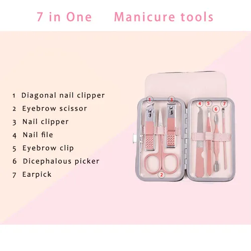 Vista 2 de Juego de manicura rosa herramienta de belleza portátil – cortaúñas pedicura kit de aseo de acero inoxidable 7 en 1 estuche de viaje de cuero