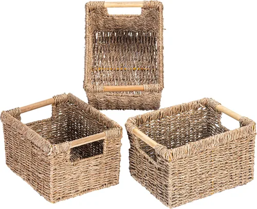 Vista 14 de Cesta de hierba marina natural con mango de madera, cesta de mimbre rectangular mediana para sala de estar, 12.2 x 8.9 x 6.7 pulgadas, paquete de 3