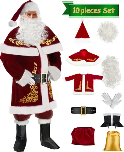 Vista 5 de Disfraz de Papá Noel de Navidad para hombres, traje de Papá Noel de lujo para adultos, 10 piezas, disfraz de terciopelo de Papá Noel para hombres