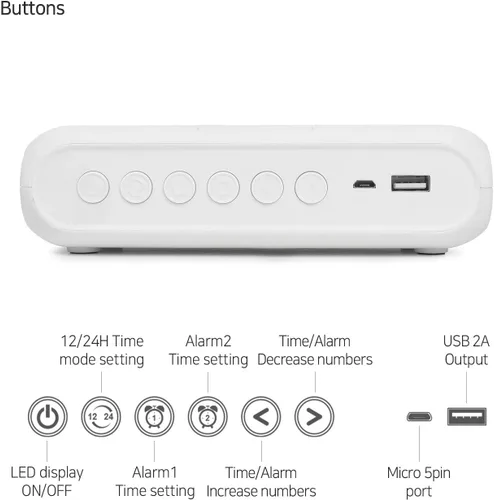 Vista 5 de Mooas Qi Wireless Charging Slim Mirror Desk Clock (blanco), compacto reloj despertador digital con puerto USB, cargador inalámbrico para iPhone