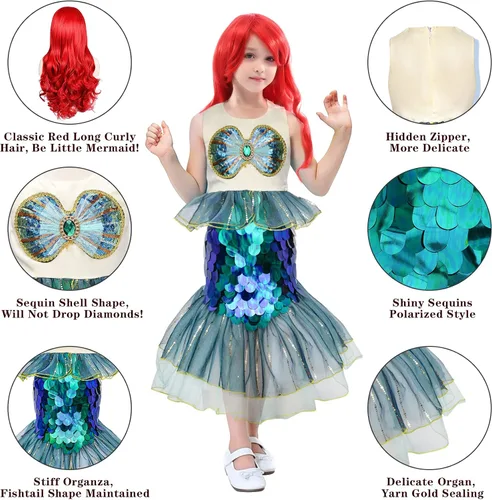 Vista 4 de Latocos Little Mermaid Ariel Halloween Costumes for Girls Princess Dress Up with Red Wig 3-10 Years Kids Cosplay Gift