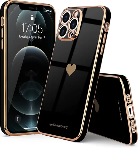 Vista 7 de Teageo Funda para iPhone 12 Pro para mujeres y niñas, diseño de corazón de amor, cubierta trasera suave, protección completa de la cámara, Negro