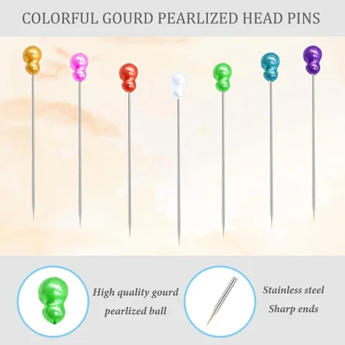Vista 2 de 200 alfileres de costura, alfileres rectos con alfiler de cabeza perlado de calabaza, alfileres de costura largos de 2.2 pulgadas para tela