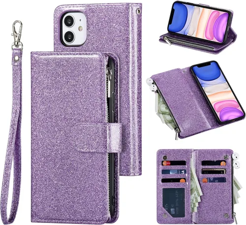Vista 14 de UEEBAI Funda tipo cartera para iPhone 11 de 6.1 pulgadas, piel sintética con purpurina, cierre magnético, bolsillo con cremallera, ranuras