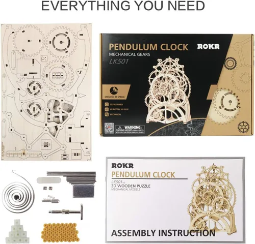 Vista 6 de ROKR Rompecabezas de reloj de péndulo mecánico de madera 3D, juego de construcción de juguetes de engranajes mecánicos, suministros de kit