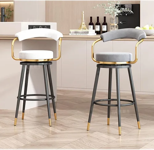 Vista 6 de Taburetes de bar giratorios modernos, sillas de altura de mostrador con respaldo dorado/negro, reposapiés de terciopelo, taburetes de bar