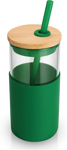 Vista 31 de Tronco Vaso de vidrio de 28 onzas con tapas y pajilla, taza reutilizable para café helado y vaso para batidos con tapa de bambú, funda de silicona