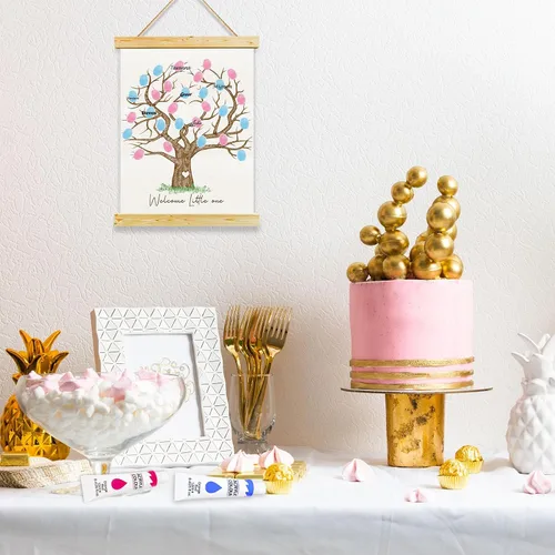 Vista 3 de QZCYU Libros de invitados de lienzo con huellas dactilares para revelación de género, decoraciones de baby shower, decoración de fiesta