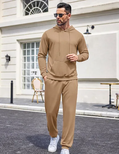 Vista 39 de COOFANDY Conjunto deportivo de 2 piezas para hombre, conjunto deportivo casual con capucha