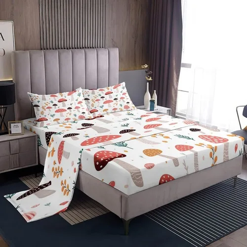 Vista 9 de Juego de sábanas tamaño individual de hongos, sábanas de microfibra suave y bolsillo profundo, sábanas y fundas de almohada estampadas sin arrugas