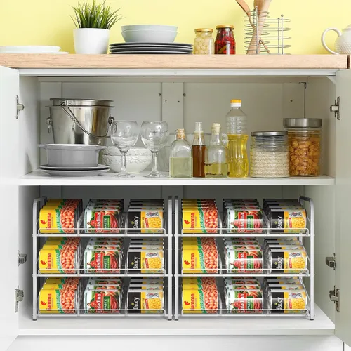 Vista 8 de MOOACE Organizador apilable para latas, paquete de 2, dispensador de almacenamiento de latas para 72 latas, organizador de latas para armario