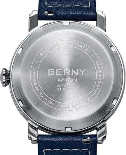 Vista 4 de BERNY Reloj mecánico automático para hombre, correa de cuero de cuerda automática, reloj de pulsera clásico Pilot impermeable, 10ATM, cristal