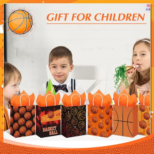 Vista 6 de Aoriher 24 bolsas de regalos de fiesta de baloncesto con papel de seda, bolsas de dulces de baloncesto, bolsas de regalo de pelota deportiva