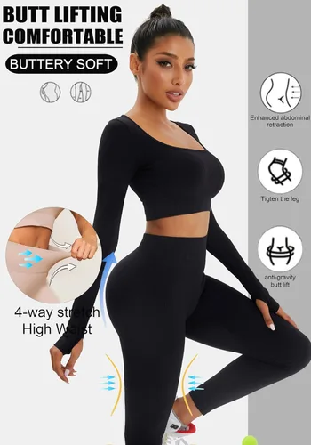 Vista 3 de FINETOO Conjunto de 4 piezas de entrenamiento para mujer, acanalado, sin costuras, manga larga, camiseta deportiva, sin mangas, cintura alta