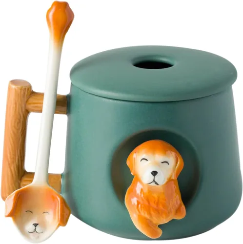 Vista 10 de DIHOclub Taza de café de cerámica con tapa y cuchara a juego, taza novedosa 3D con patrón de Husky para té, leche, chocolate, jugo, taza linda