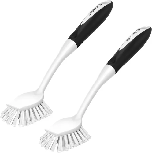 Vista 9 de SetSail Cepillo de platos con asa, paquete de 2 cepillos de cerdas rígidas con raspador integrado para limpiar platos, ollas y sartenes, fregadero