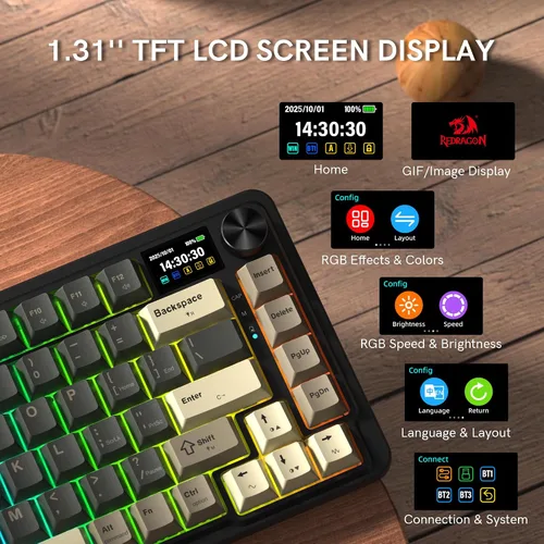 Vista 3 de Redragon Teclado mecánico inalámbrico K751 75% para juegos para PCMac, Bluetooth 5.02.4GHzUSB C teclados cremosos